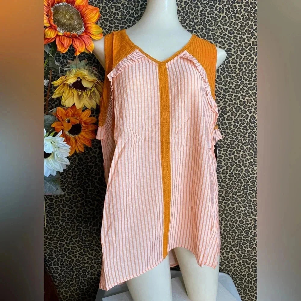 🌴3/$30🌴DOE & RAE Burnt Coral Striped Sleeveless Ruffle Boho Tank Top NWT